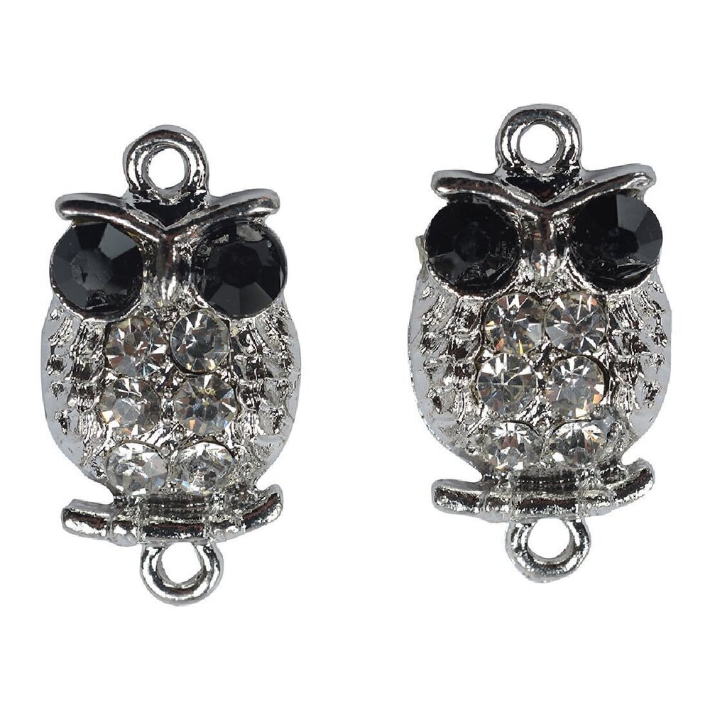 1803 30pcs Metal Animal Owl Connector Beads Black Crystal Inlay DIY Jewelry